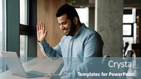  Presentation with online meeting - Presentation design with smiling-indian-business-man background and a seafoam green colored foreground