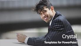  Presentation with portrait of indian macaque monkey - Cool new slide deck with smiling indian businessman in pinstripe backdrop and a dark gray colored foreground