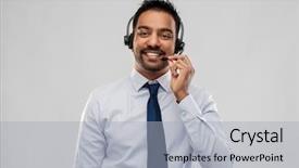  Presentation with concept illustration of customer service - Beautiful slides featuring smiling indian businessman or helpline backdrop and a light gray colored foreground