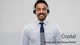  Presentation with concept illustration of customer service - Theme enhanced with smiling indian businessman or helpline background and a light gray colored foreground