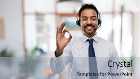  Presentation with customer service - Presentation design consisting of smiling indian businessman or helpline background and a light blue colored foreground