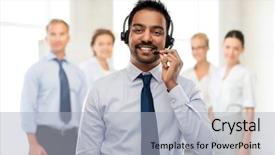  Presentation with customer service - Cool new theme with smiling indian businessman or helpline backdrop and a light gray colored foreground