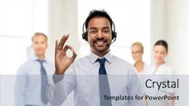  Presentation with concept illustration of customer service - Slide deck having smiling indian businessman or helpline background and a light blue colored foreground