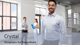  Presentation with business people - PPT theme consisting of smiling indian businessman or realtor background and a light blue colored foreground
