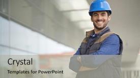  Presentation with modern building - Beautiful presentation design featuring smiling industrial worker in hardhat backdrop and a  colored foreground