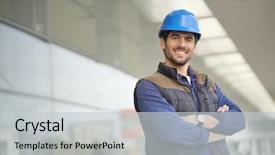  Presentation with modern building - Amazing presentation theme having smiling industrial worker in hardhat backdrop and a light gray colored foreground