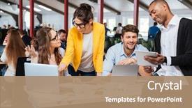  Presentation with young business people - Colorful PPT theme enhanced with smiling inspired young business people backdrop and a coral colored foreground