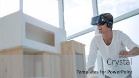  Presentation with interior designer - Audience pleasing slide set consisting of smiling interior designer standing in front of his desk backdrop and a light blue colored foreground