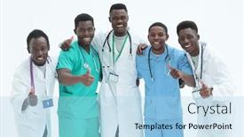  Presentation with interns - Presentation theme consisting of smiling-interns-doctors-giving-thumbs background and a light blue colored foreground