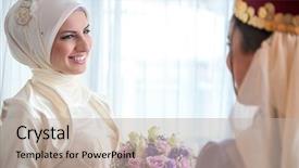  Presentation with islamic banking - Audience pleasing presentation theme consisting of smiling islamic bride receiving flowers backdrop and a mint green colored foreground
