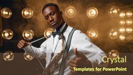  Presentation with performer - Colorful PPT theme enhanced with art appreciation - smiling jazz performer with saxophone backdrop and a tawny brown colored foreground