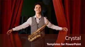  Presentation with jazz - Slide set consisting of smiling-jazz-saxophone-player-walking background and a tawny brown colored foreground