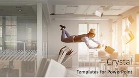  Presentation with joyful - Audience pleasing PPT layouts consisting of smiling-joyful-levitating-young-man backdrop and a soft green colored foreground