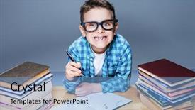  Presentation with kid water glass - Beautiful slides featuring smiling kid in glasses doing backdrop and a  colored foreground