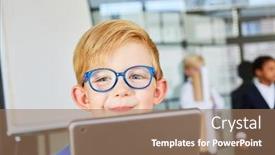  Presentation with developer - Presentation design consisting of smiling-kid-using-tablet-computer background and a coral colored foreground
