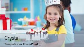  Presentation with kids birthday - Presentation theme consisting of smiling kids at a birthday background and a light blue colored foreground