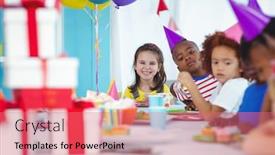  Presentation with kids birthday - Audience pleasing PPT theme consisting of smiling kids at a birthday party with presents backdrop and a coral colored foreground