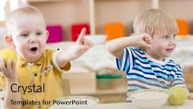  Presentation with kindergarten - Slide deck enhanced with smiling kids feeding in kindergarten background and a coral colored foreground