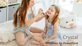  Presentation with cosmetics - Beautiful presentation design featuring smiling-kids-girls-applying-make backdrop and a coral colored foreground