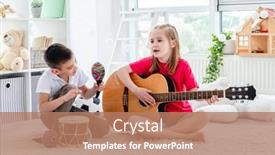  Presentation with drum - Beautiful slide deck featuring smiling-kids-playing-on-drum backdrop and a coral colored foreground