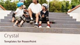  Presentation with ramp - Amazing PPT theme having smiling-kids-wearing-safety-gear backdrop and a sky blue colored foreground