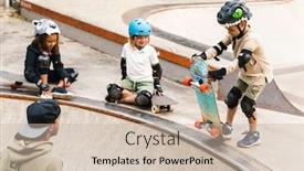  Presentation with ramp - Cool new PPT theme with smiling-kids-wearing-safety-gear backdrop and a soft green colored foreground