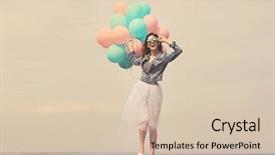  Presentation with balloons - Amazing PPT theme having smiling lady - beautiful young woman with colorful backdrop and a soft green colored foreground