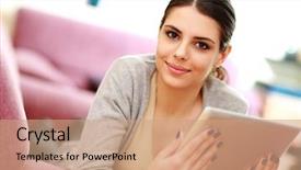  Presentation with tablet - Theme having smiling lady - young beautiful woman lying background and a  colored foreground