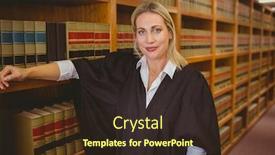  Presentation with lawyer - Theme with smiling lawyer leaning on shelf in library background and a tawny brown colored foreground