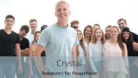  Presentation with casual young people - Amazing presentation theme having smiling-leader-standing-in-front backdrop and a light blue colored foreground
