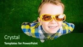  Presentation with green fashion - Slide deck with smiling little boy in colorful clothes and sunglasses standing on a green lawn and looking to camera kid's fashion summer holidays background and a forest green colored foreground
