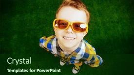  Presentation with green fashion - Presentation theme featuring smiling little boy in colorful clothes and sunglasses standing on a green lawn and looking to camera kid's fashion summer holidays background and a forest green colored foreground