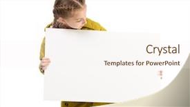  Presentation with white sheet - PPT theme featuring smiling little girl in coat with blank sheet in hands isolated on white background background and a sky blue colored foreground