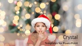  Presentation with girl christmas - PPT theme featuring smiling little girl in santa background and a coral colored foreground