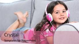  Presentation with light pink - Amazing slide deck having smiling little girl listening music with pink headphones on sofa in light room backdrop and a coral colored foreground