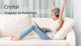  Presentation with note book - Audience pleasing presentation theme consisting of smiling little girl listening something with headphones and note book on sofa backdrop and a light gray colored foreground