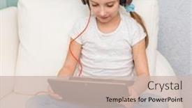  Presentation with note book - Slides with smiling little girl listening something with headphones and note book on sofa background and a soft green colored foreground