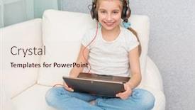  Presentation with note book - Amazing theme having smiling little girl listening something with headphones and note book on sofa looks at camera backdrop and a lemonade colored foreground