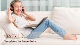  Presentation with note book - Slide deck featuring smiling little girl listening something with headphones and note book on sofa looks at camera background and a lemonade colored foreground