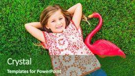  Presentation with flamingo - Slide set consisting of smiling little girl lying on green grass with pink flamingo background and a forest green colored foreground