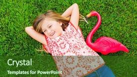  Presentation with pink green - Audience pleasing PPT layouts consisting of smiling little girl lying on green grass with pink flamingo backdrop and a forest green colored foreground