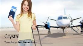  Presentation with kids travel - Slide deck with smiling little girl with travel background and a mint green colored foreground