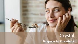  Presentation with healthy breakfast - Slide set consisting of smiling-lovely-brunette-girl-eating background and a coral colored foreground