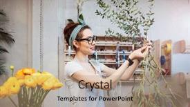  Presentation with flower woman - Audience pleasing PPT theme consisting of smiling lovely young woman florist backdrop and a coral colored foreground