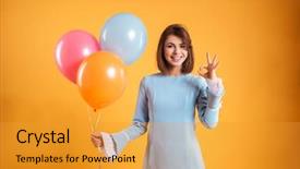  Presentation with balloons - Presentation theme enhanced with smiling lovely young woman holding colorful balloons and showing ok sign background and a gold colored foreground