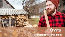  Presentation with outdoors - PPT layouts having smiling lumberjack holding axe background and a coral colored foreground