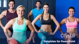  Presentation with athletes - PPT theme featuring smiling male and female athletes exercising in fitness studio background and a navy blue colored foreground