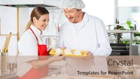  Presentation with female - Cool new presentation theme with smiling-male-and-female-chefs backdrop and a coral colored foreground