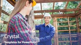  Presentation with cabin - Cool new slide deck with smiling male and female construction workers holding ladder in wooden cabin at site backdrop and a ocean colored foreground