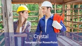  Presentation with cabin - PPT theme enhanced with smiling male and female construction workers in wooden cabin at site background and a ocean colored foreground